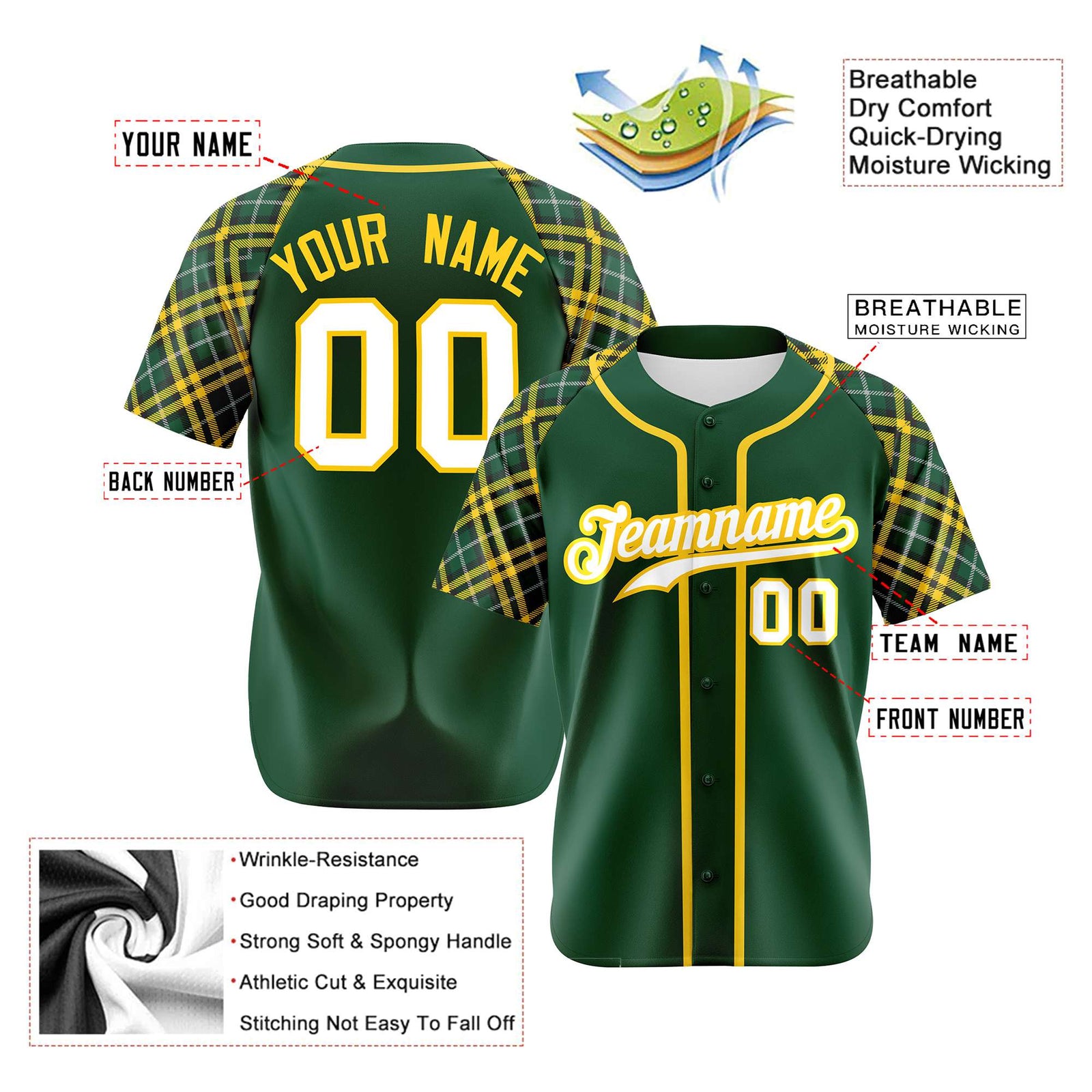 Custom Kelly Green Gold-White Authentic Plaid sleeve Baseball Jersey
