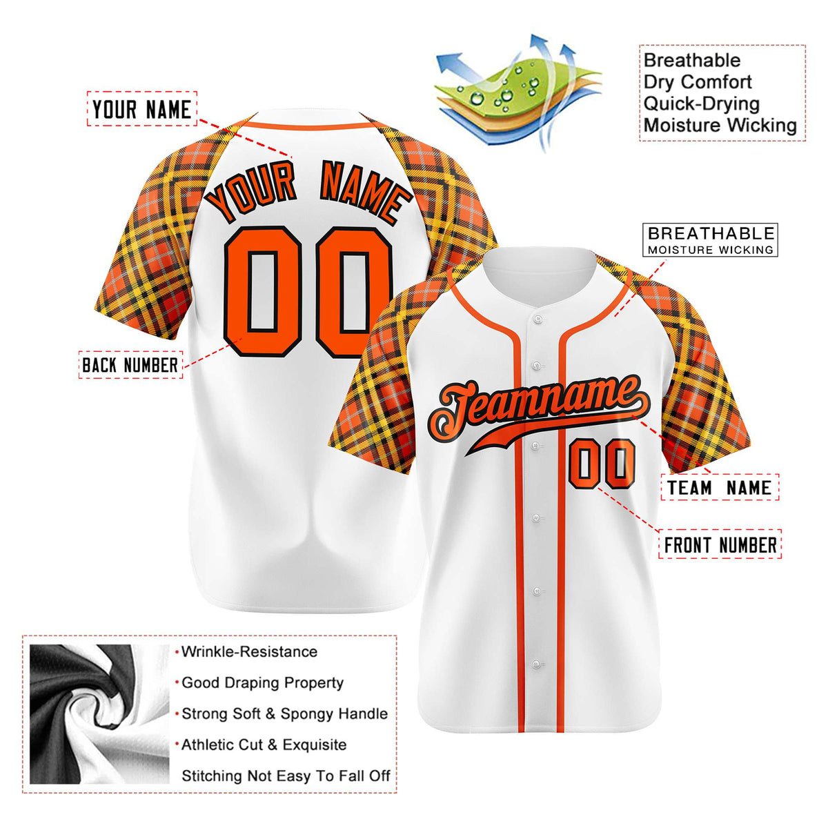 Custom White Orange-Yellow Authentic Plaid sleeve Baseball Jersey