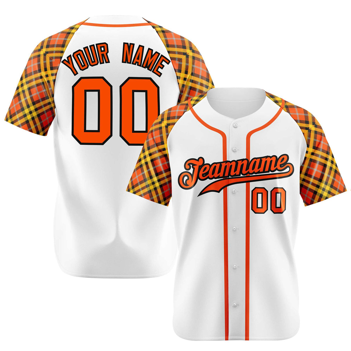 Custom White Orange-Yellow Authentic Plaid sleeve Baseball Jersey