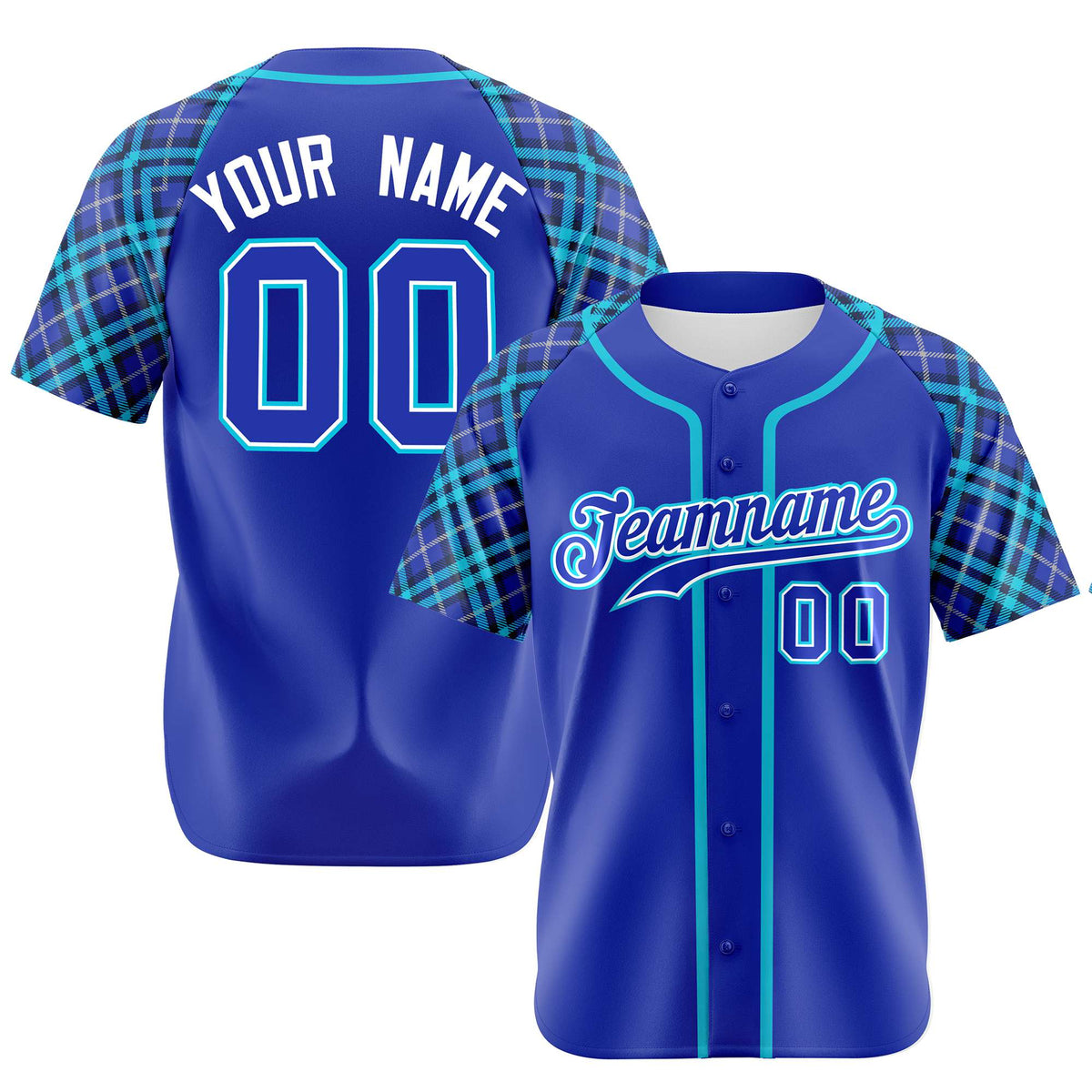 Custom Electric Blue Light Blue White Authentic Plaid sleeve Baseball Jersey