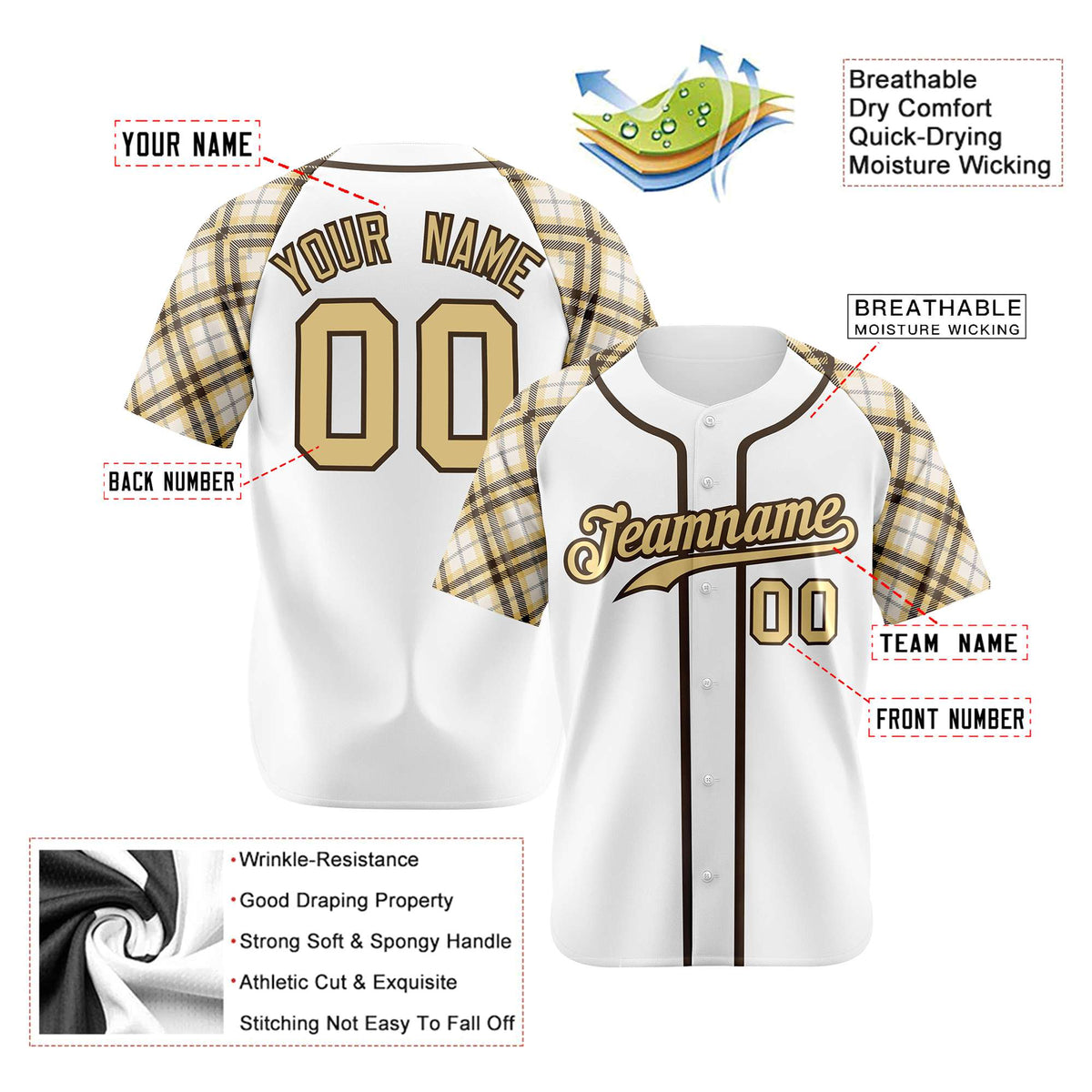 Custom White Old-Gold Black Authentic Plaid sleeve Baseball Jersey