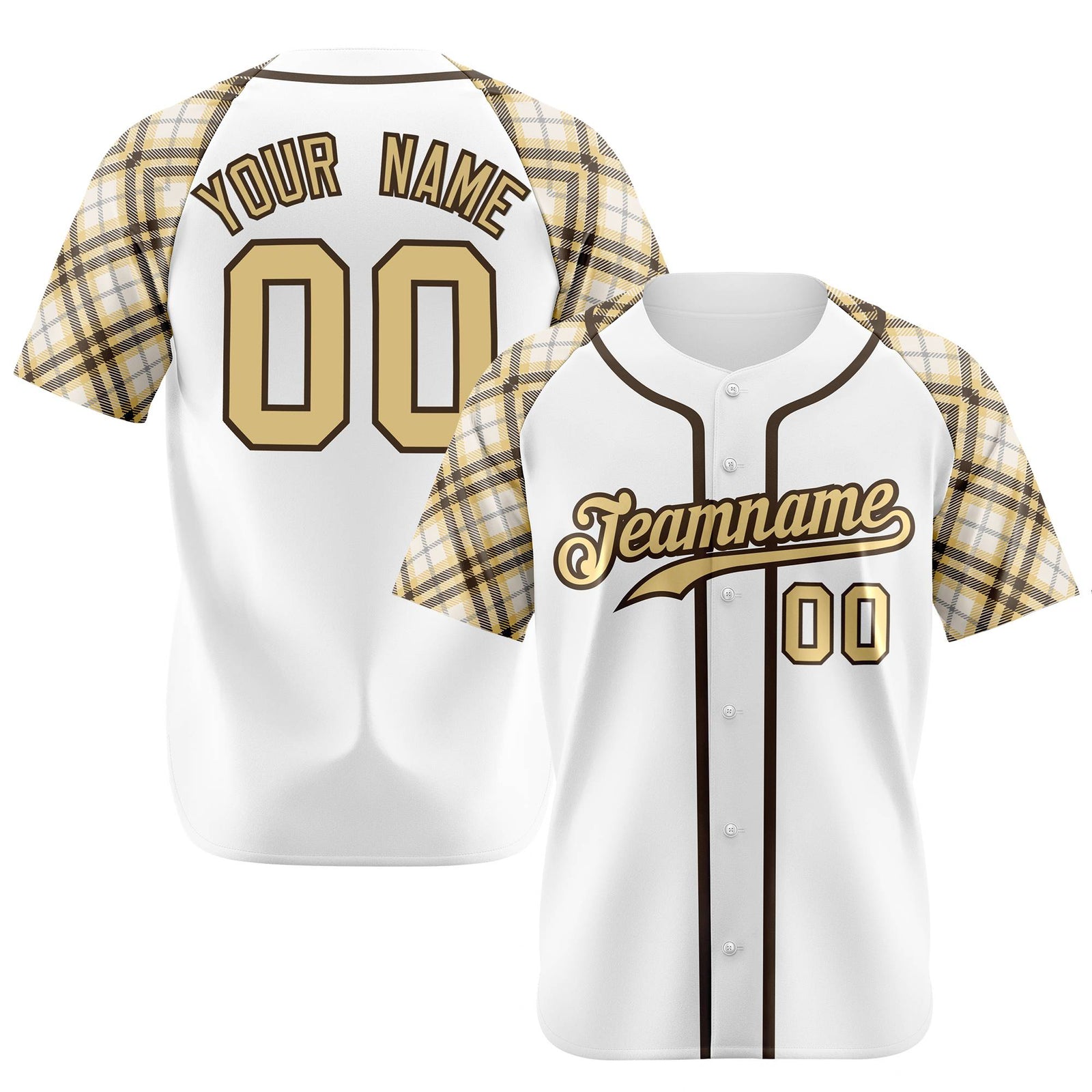 Custom White Old-Gold Black Authentic Plaid sleeve Baseball Jersey