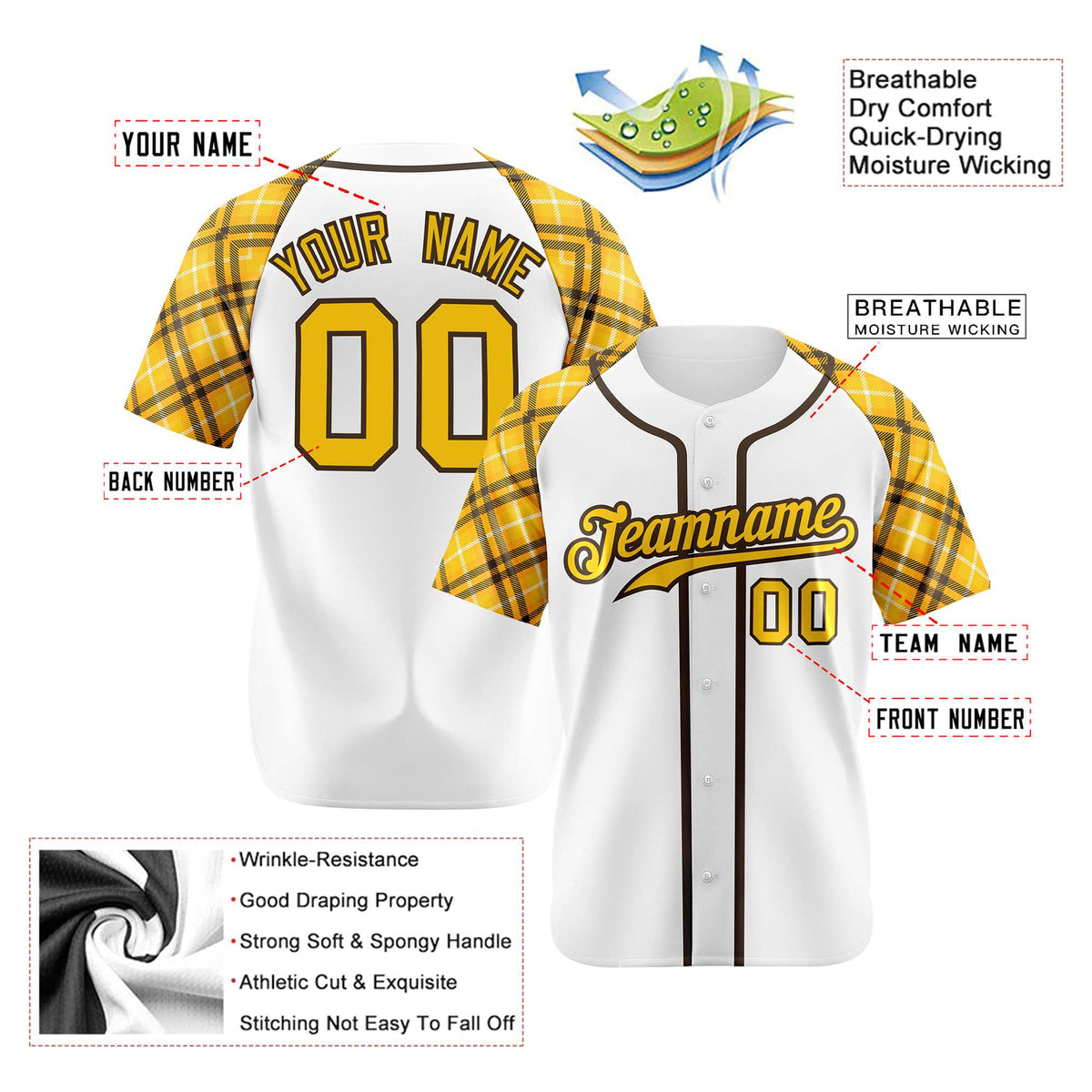 Custom White Yellow-Black Authentic Plaid sleeve Baseball Jersey