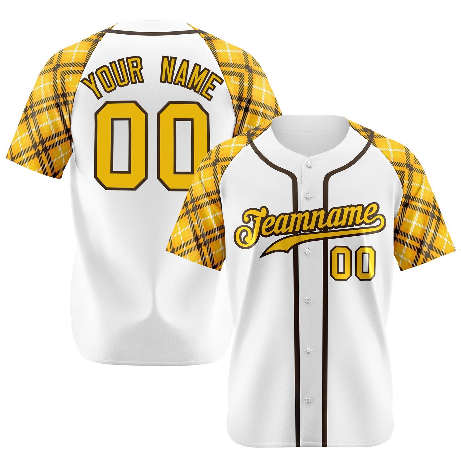 Custom White Yellow-Black Authentic Plaid sleeve Baseball Jersey