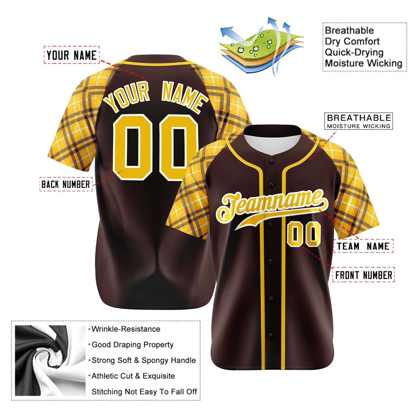 Custom Brown Yellow-White Authentic Plaid sleeve Baseball Jersey