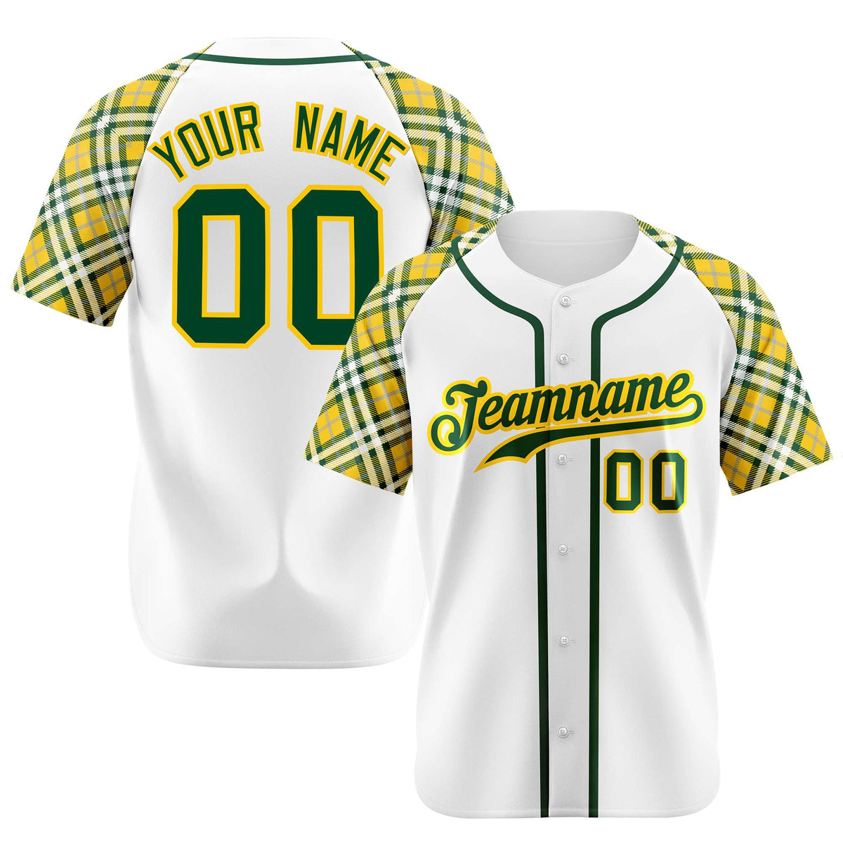 Custom White Yellow-Green Authentic Plaid sleeve Baseball Jersey