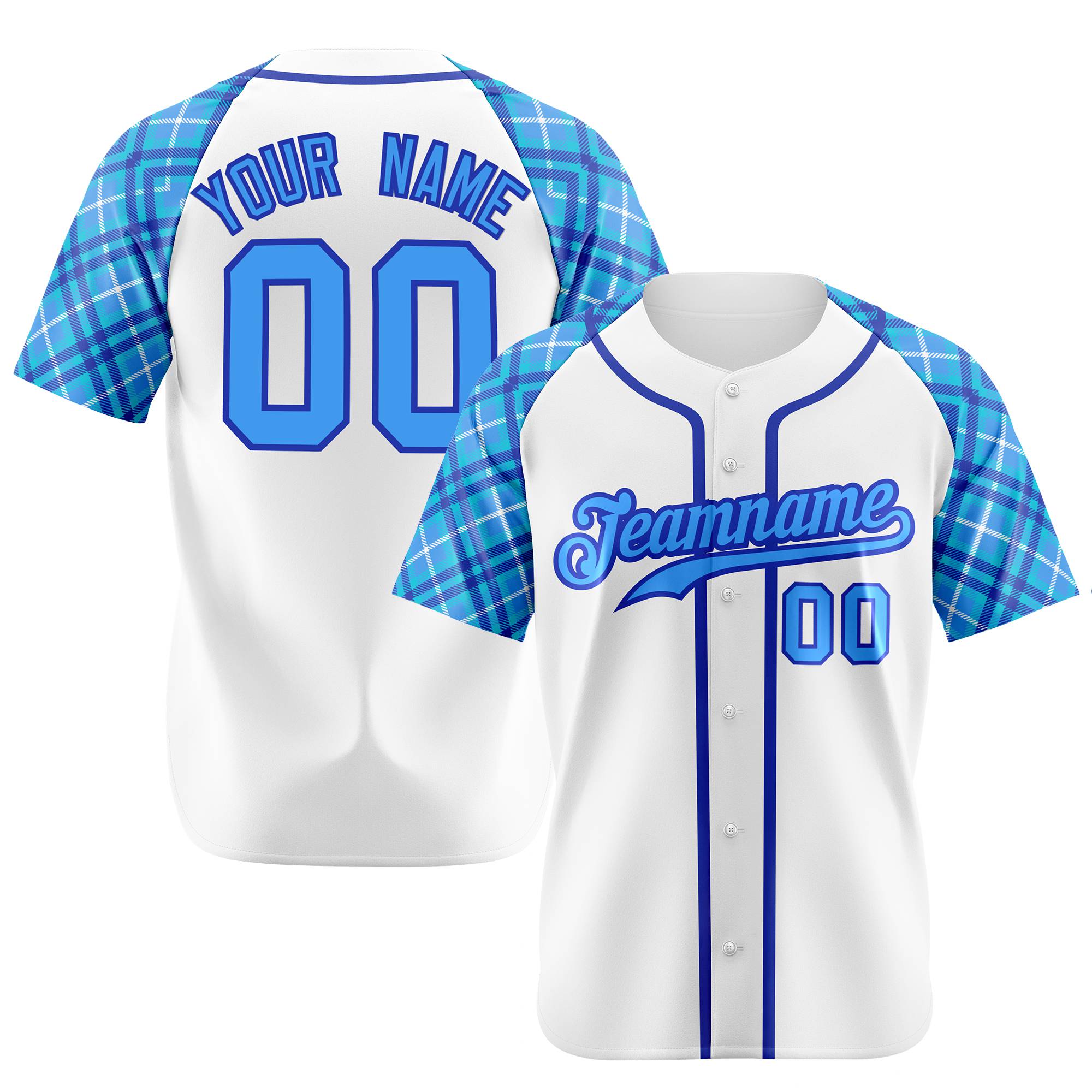 Custom White Purple-Blue Authentic Plaid sleeve Baseball Jersey