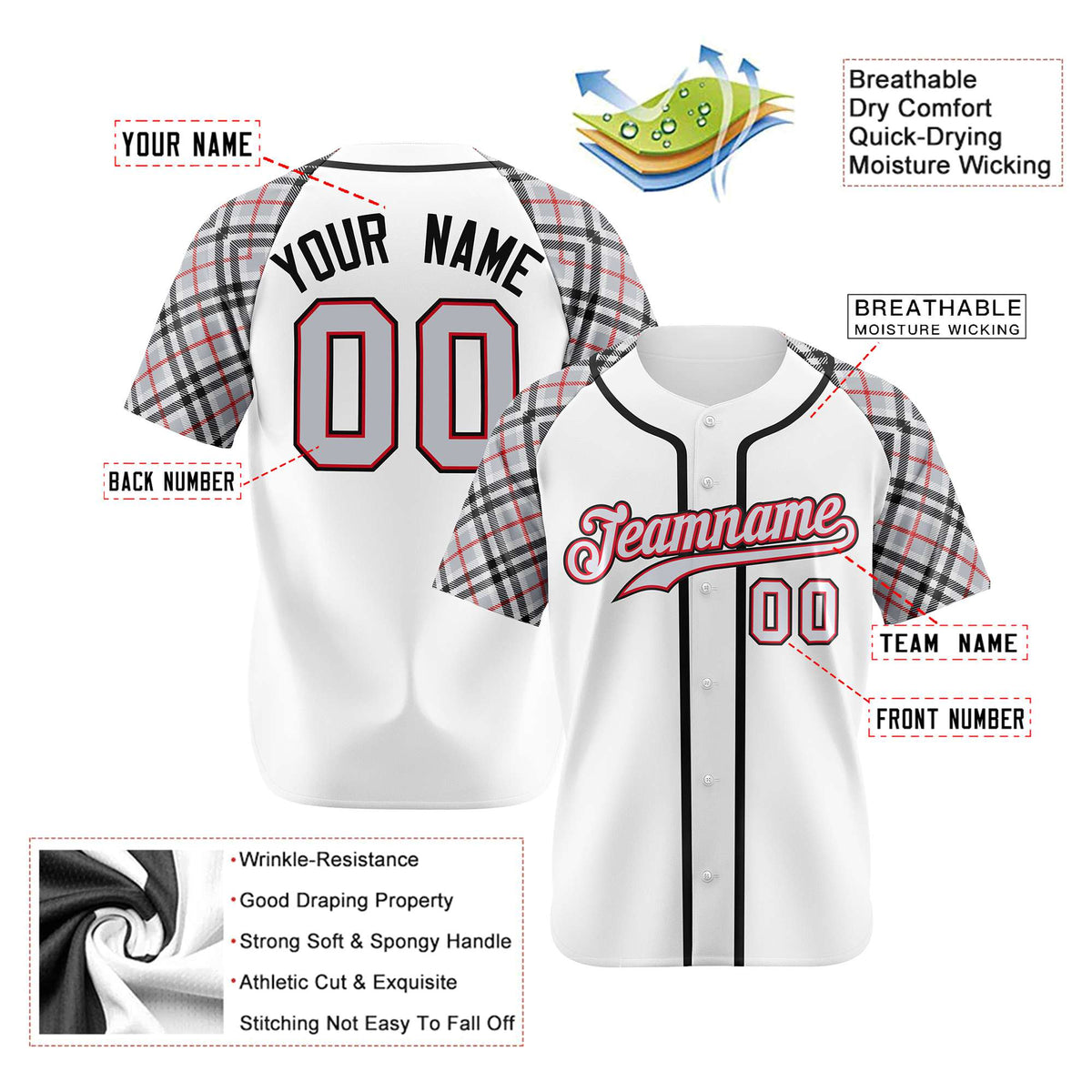 Custom White Gray-Red Black Authentic Plaid sleeve Baseball Jersey