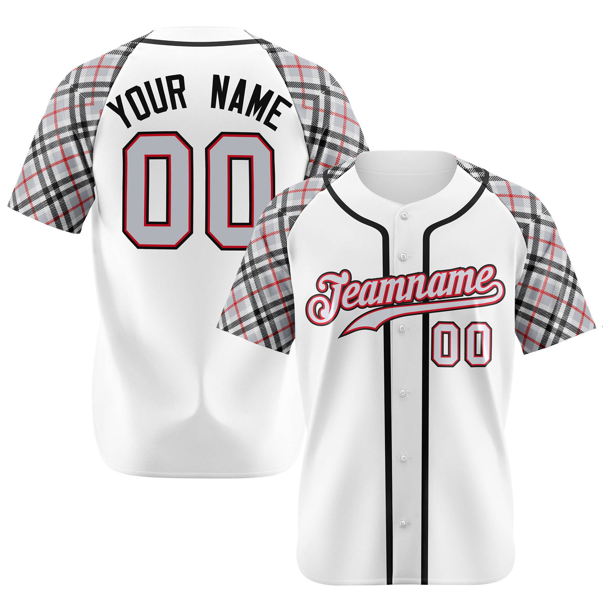 Custom White Gray-Red Black Authentic Plaid sleeve Baseball Jersey