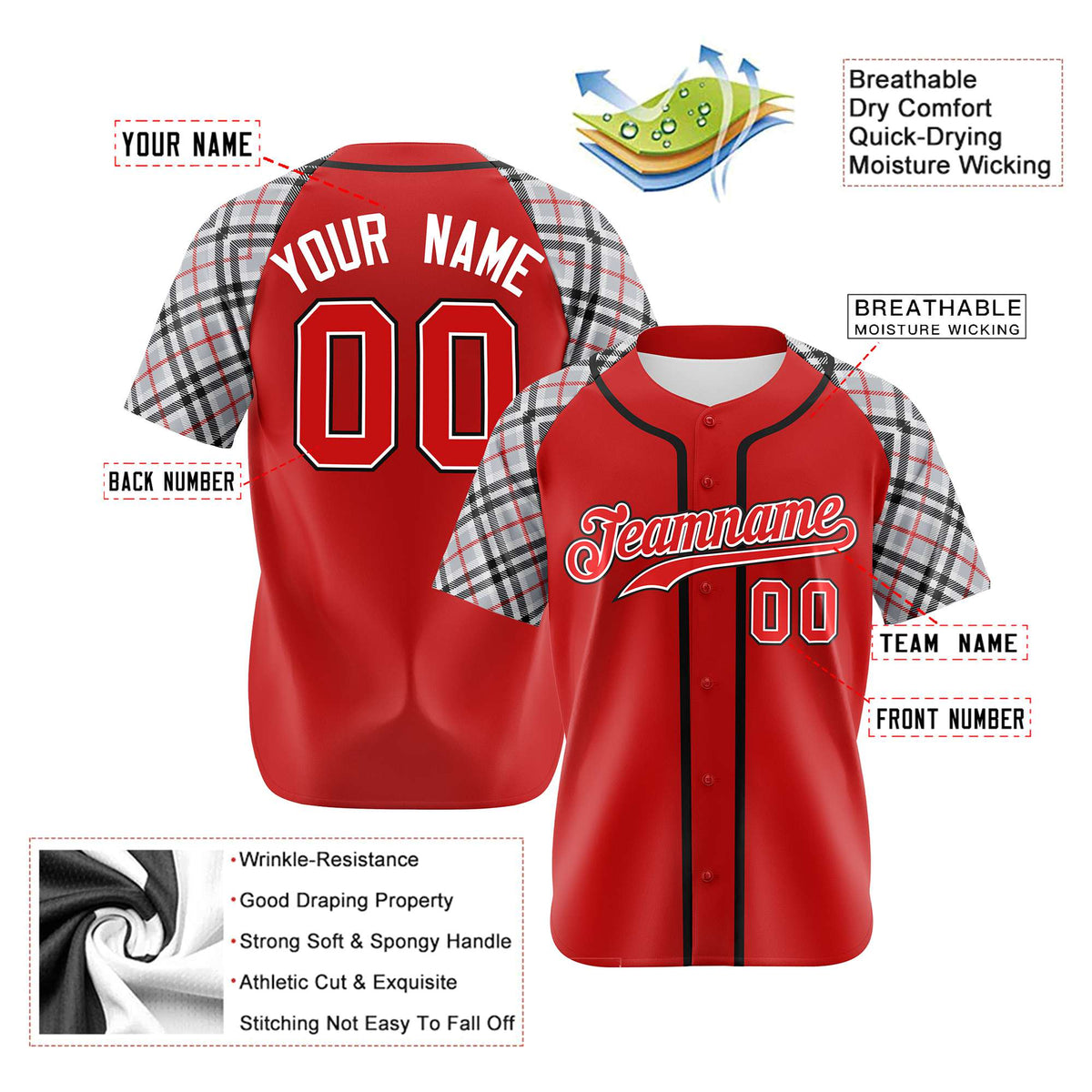 Custom Red Gray-White Black Authentic Plaid sleeve Baseball Jersey