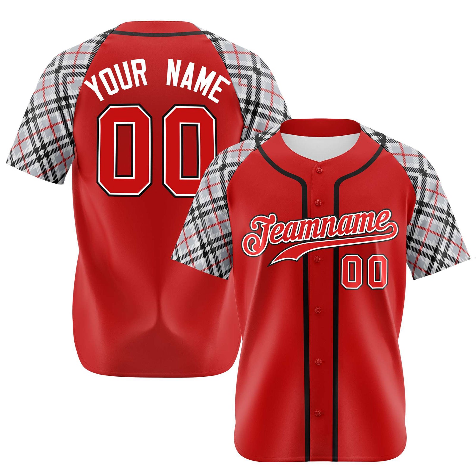 Custom Red Gray-White Black Authentic Plaid sleeve Baseball Jersey