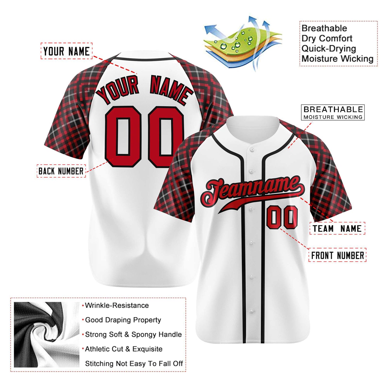 Custom White Crimson-Black Authentic Plaid sleeve Baseball Jersey