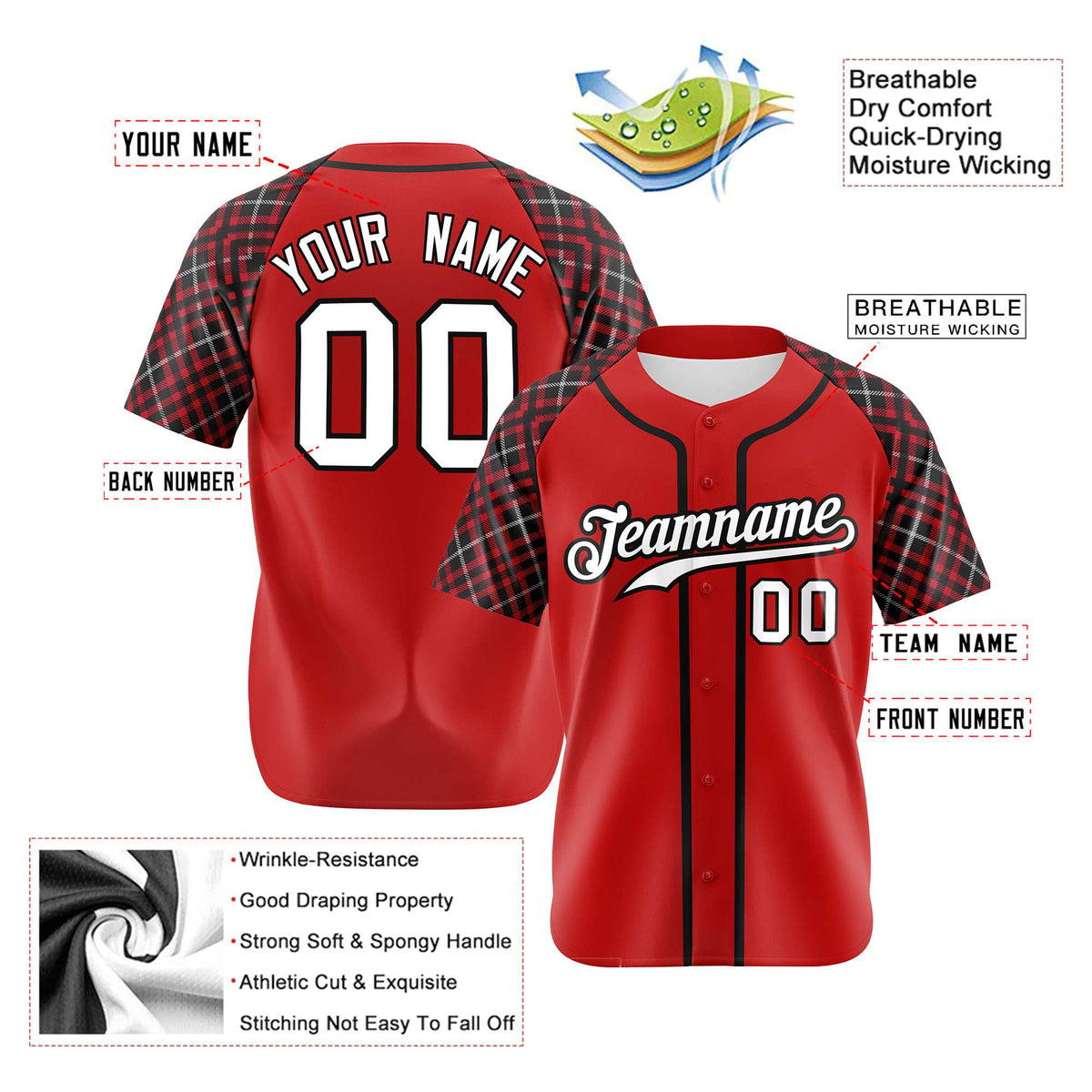 Custom Red Black-White Authentic Plaid sleeve Baseball Jersey