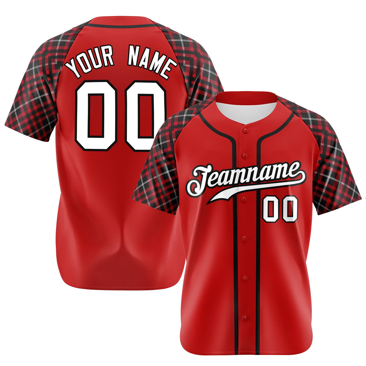 Custom Red Black-White Authentic Plaid sleeve Baseball Jersey