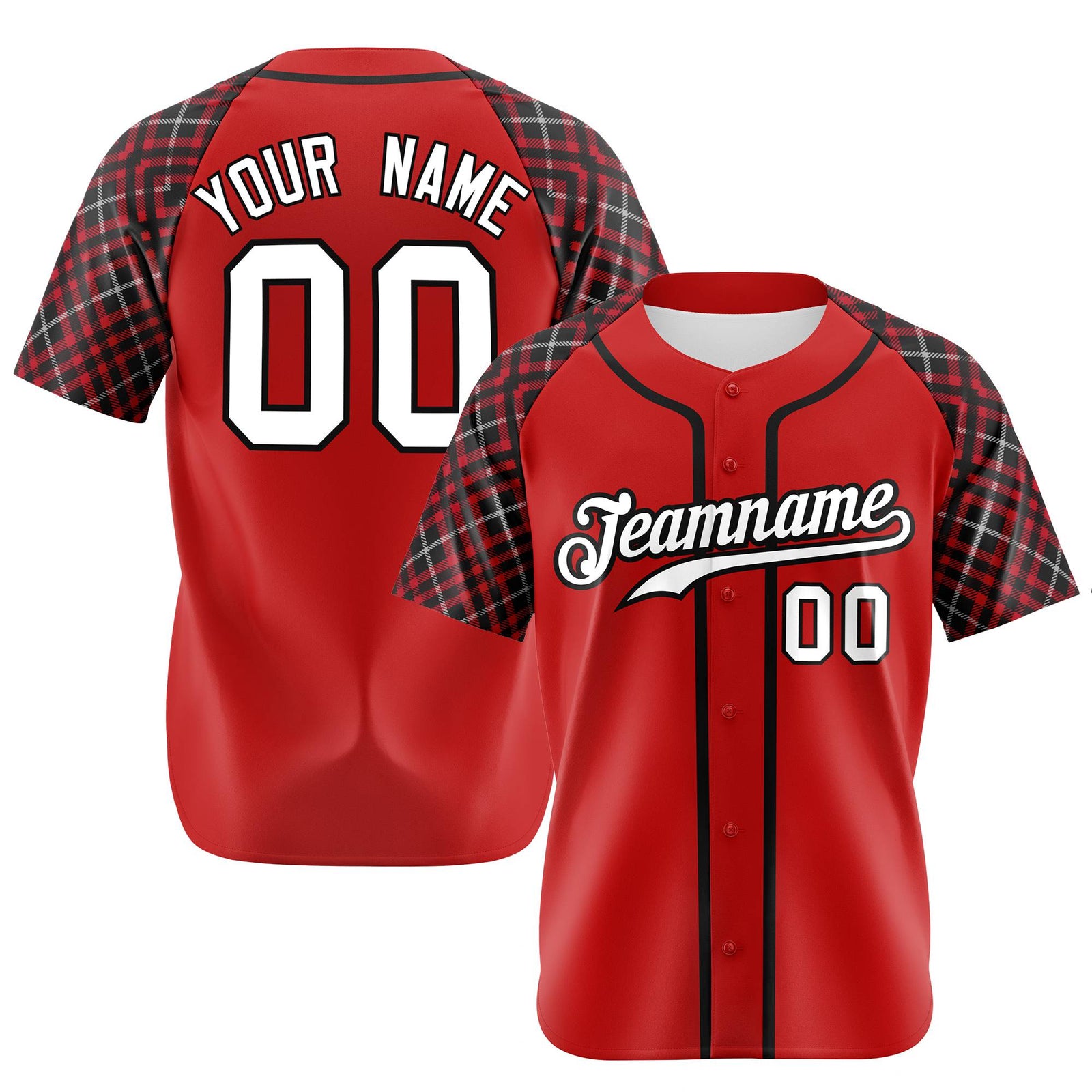 Custom Red Black-White Authentic Plaid sleeve Baseball Jersey