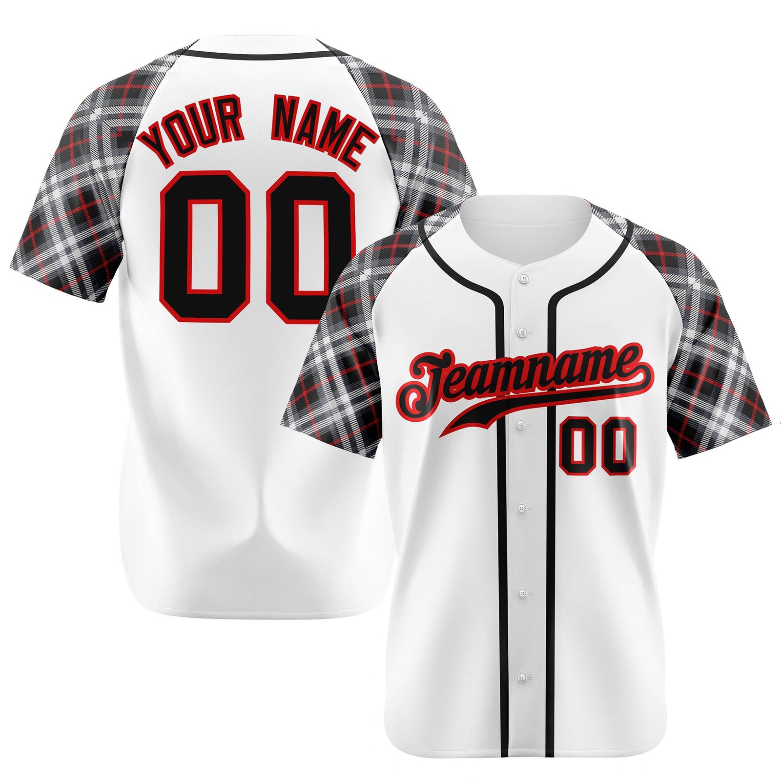 Custom White Red-Black Authentic Plaid sleeve Baseball Jersey