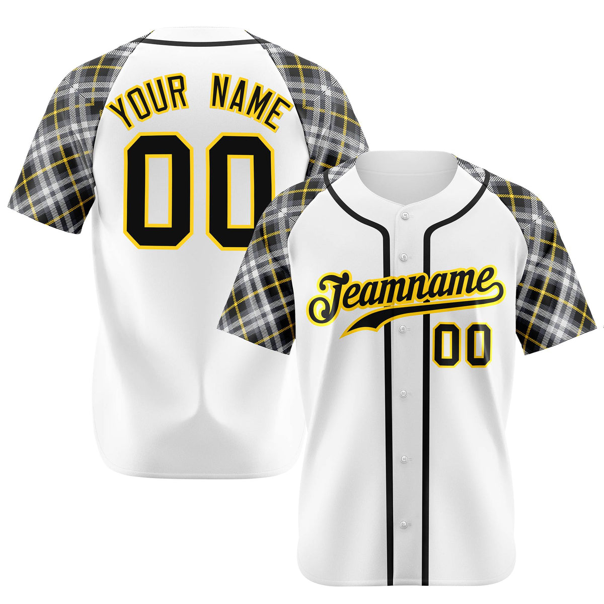 Custom White Gold-Black Authentic Plaid sleeve Baseball Jersey