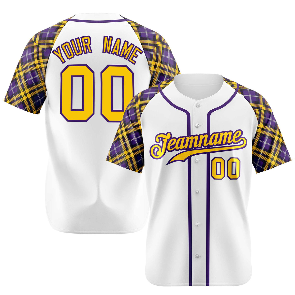 Custom White Yellow-Purple Authentic Plaid sleeve Baseball Jersey