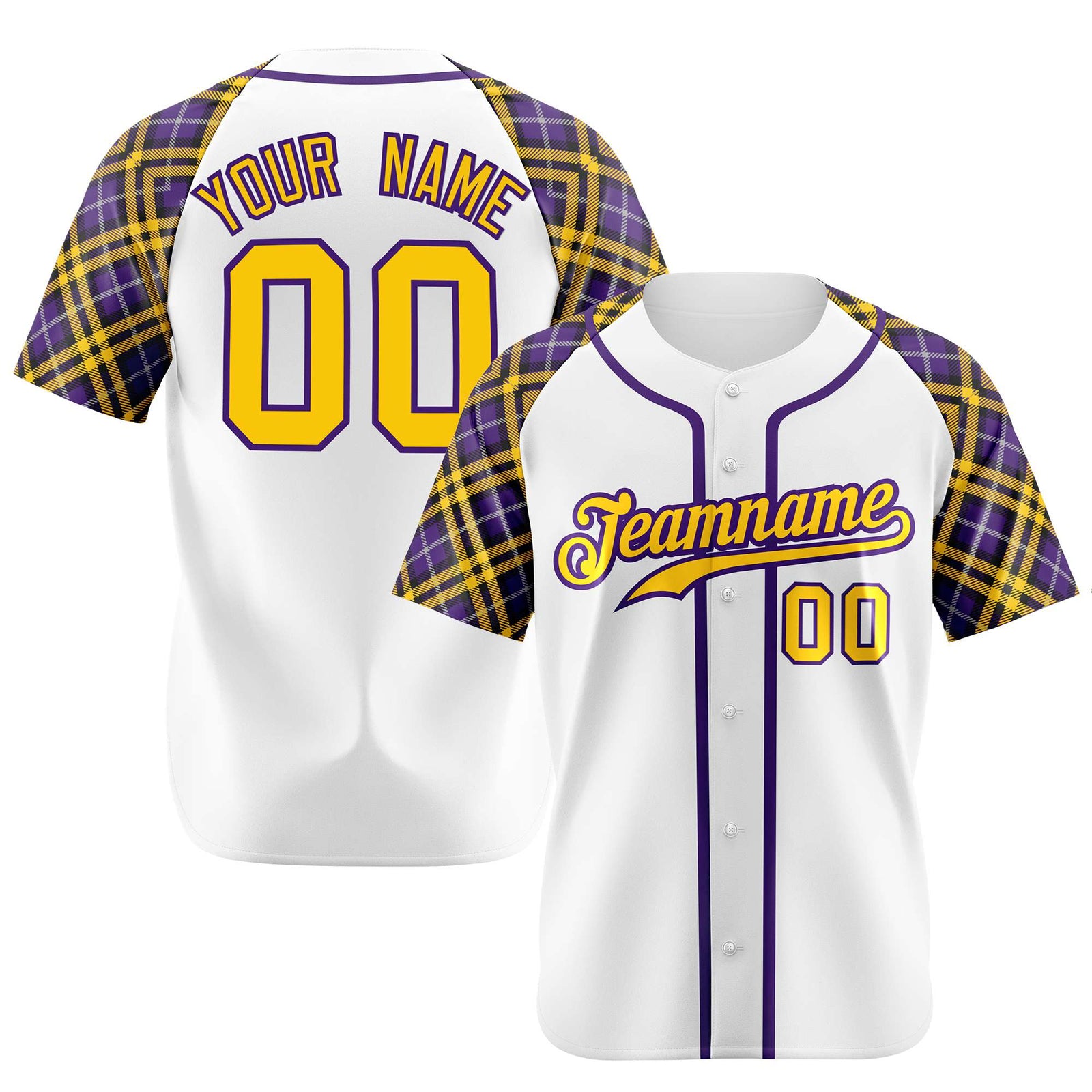 Custom White Yellow-Purple Authentic Plaid sleeve Baseball Jersey
