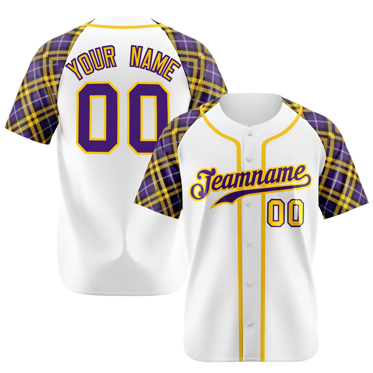 Custom White Purple-Yellow Authentic Plaid sleeve Baseball Jersey