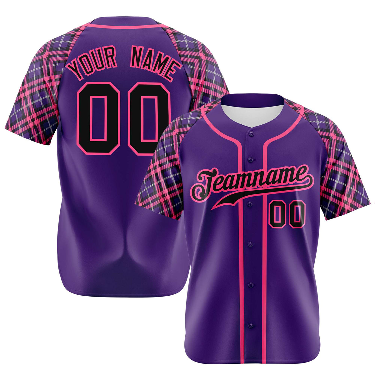 Custom Purple Pink-Black Authentic Plaid sleeve Baseball Jersey