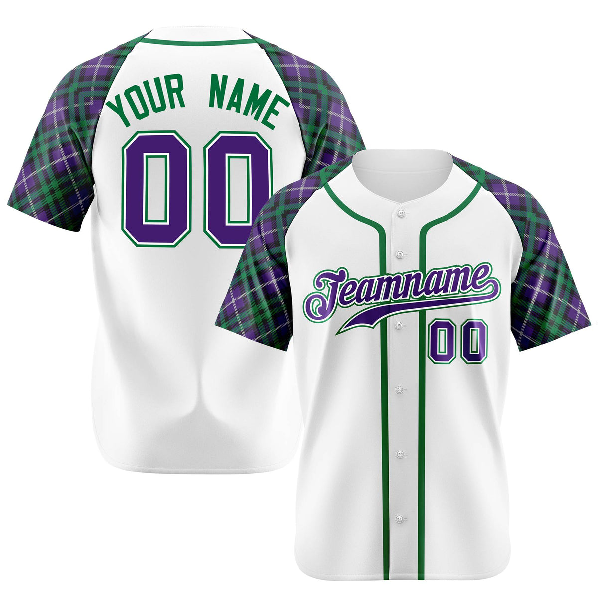 Custom White Purple-Green Authentic Plaid sleeve Baseball Jersey