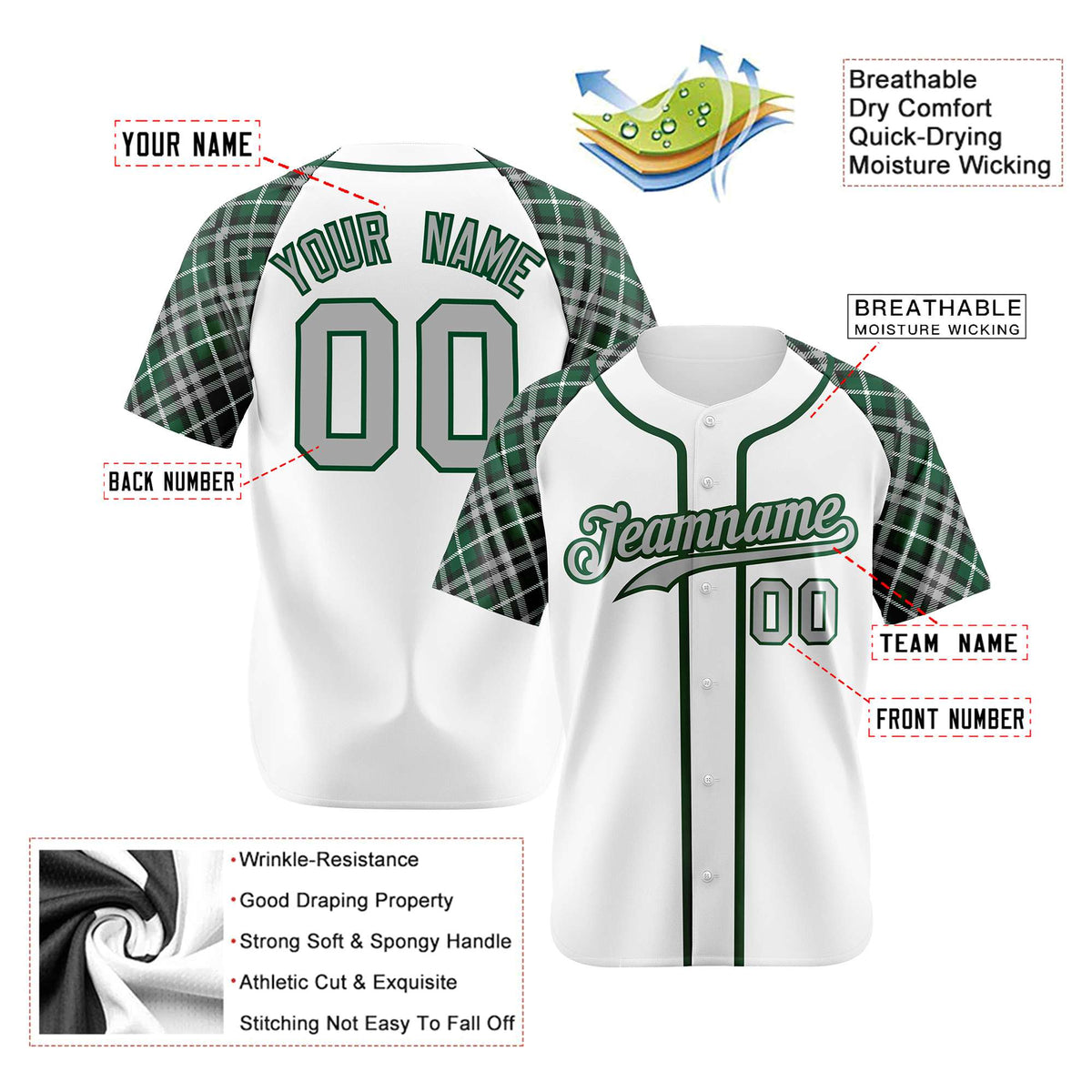 Custom White Green-Gray Authentic Plaid sleeve Baseball Jersey