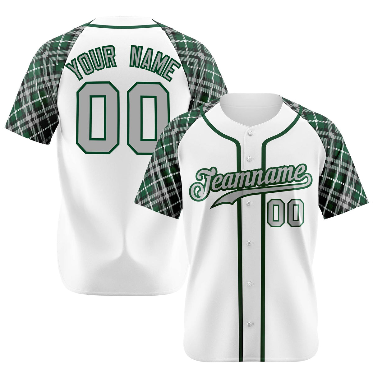 Custom White Green-Gray Authentic Plaid sleeve Baseball Jersey