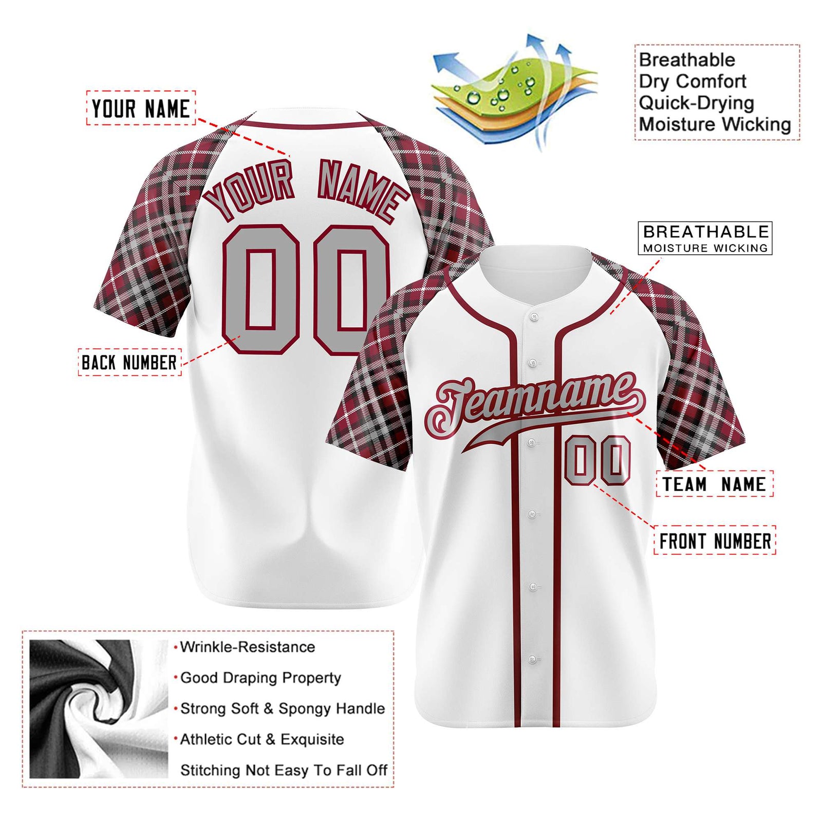 Custom White Burgundy-Gray Authentic Plaid sleeve Baseball Jersey