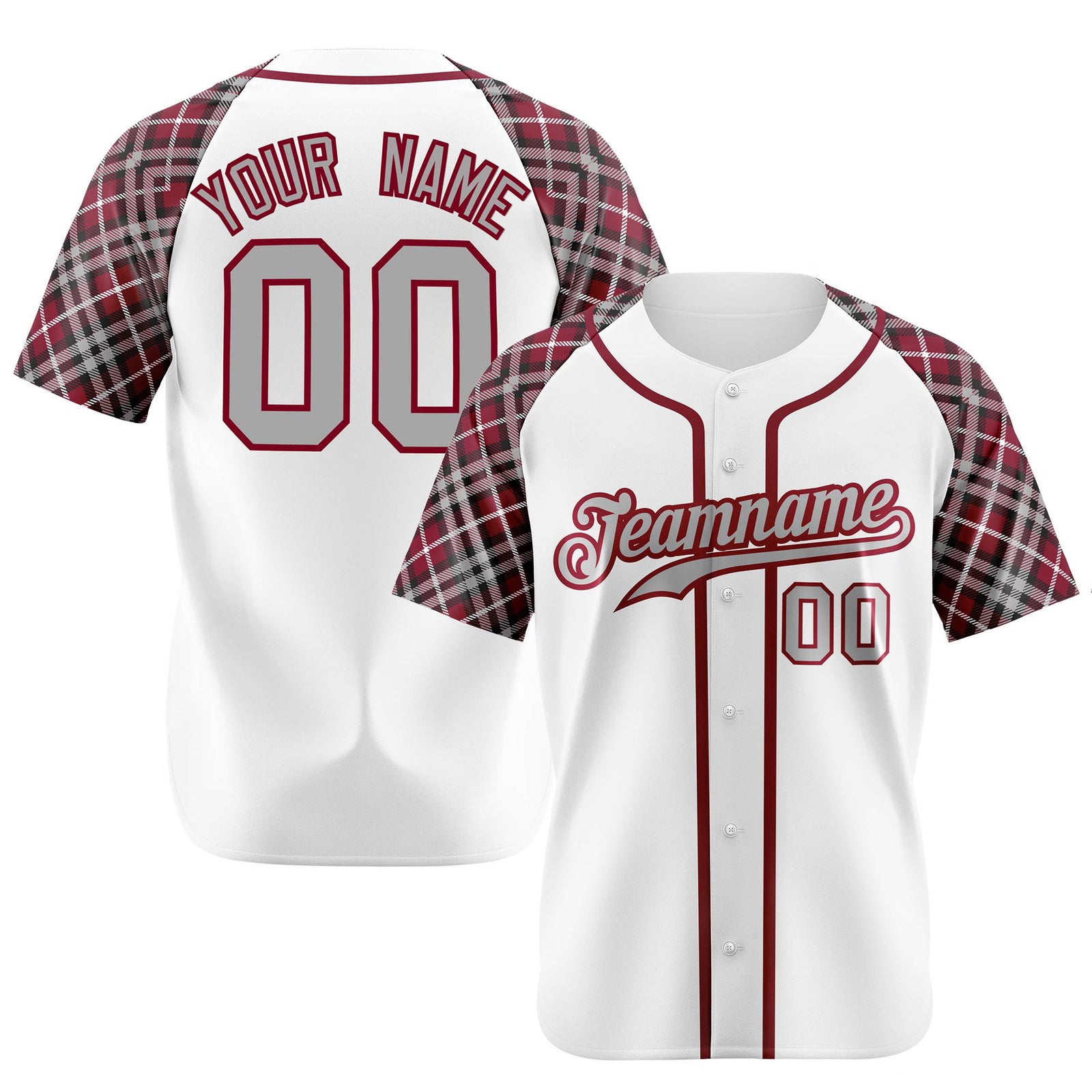 Custom White Burgundy-Gray Authentic Plaid sleeve Baseball Jersey