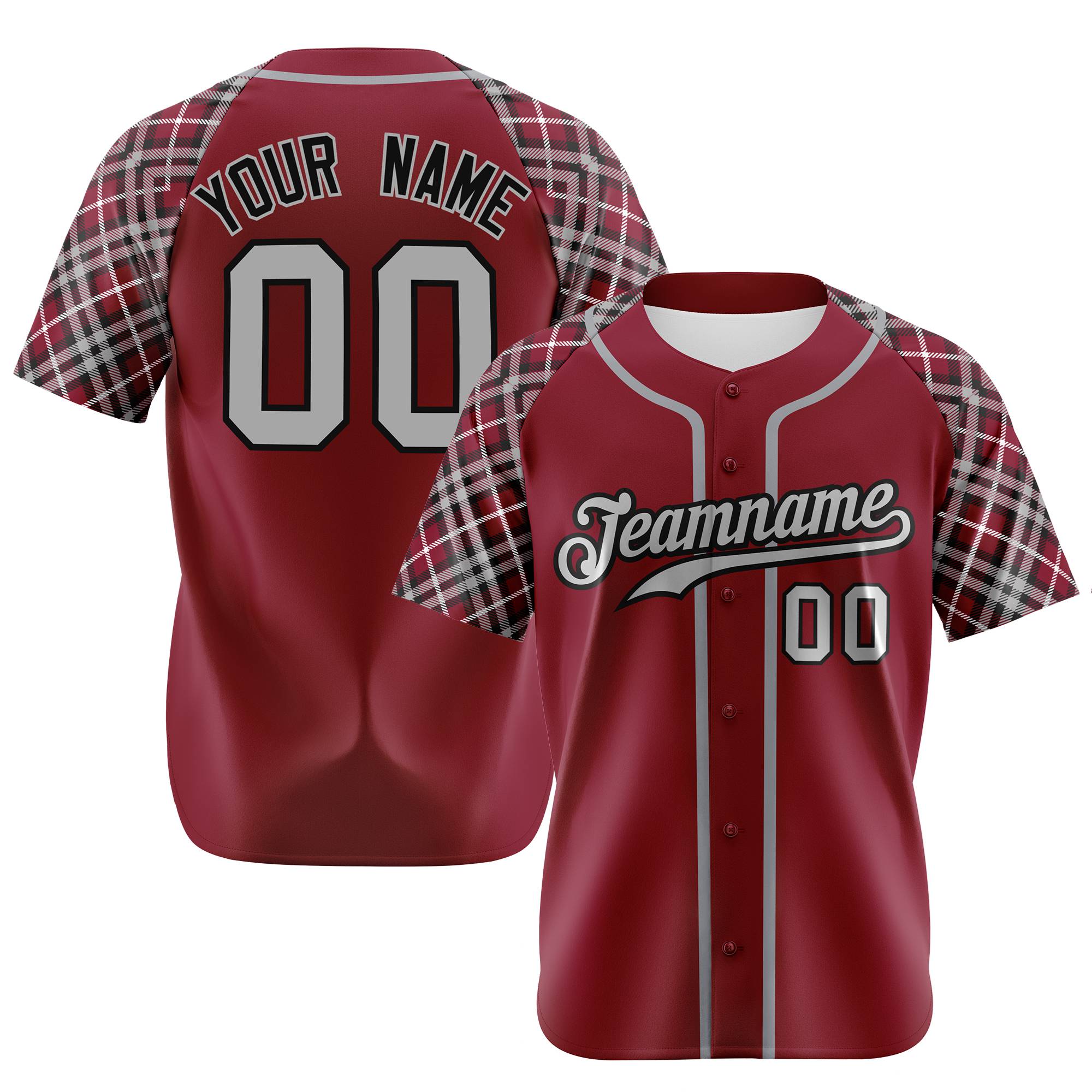 Custom Burgundy Gray-Black Authentic Plaid sleeve Baseball Jersey