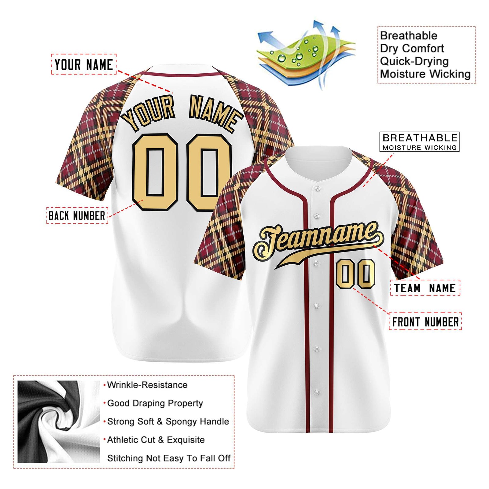 Custom White Old-Gold Crimson-Black Authentic Plaid sleeve Baseball Jersey