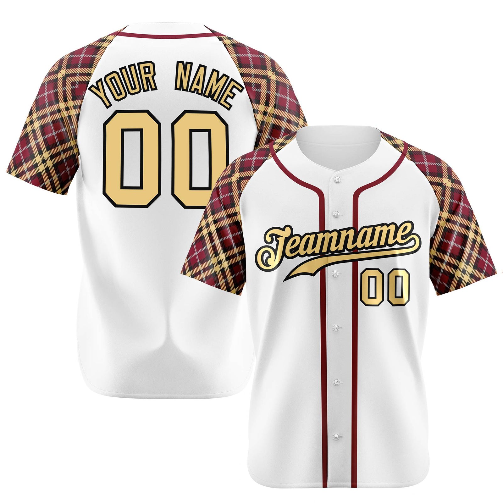 Custom White Old-Gold Crimson-Black Authentic Plaid sleeve Baseball Jersey
