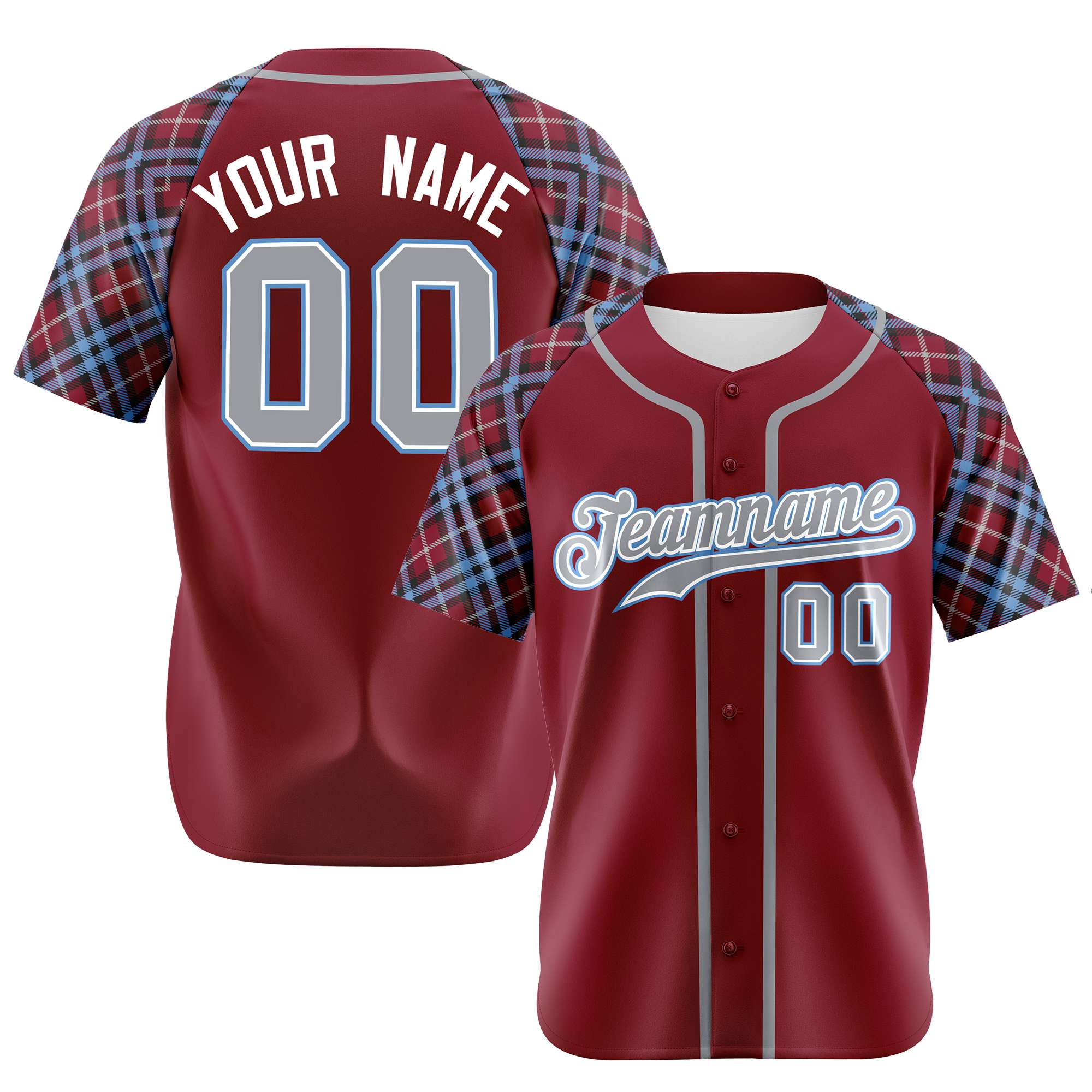 Custom Crimson Gray-White Blue Authentic Plaid sleeve Baseball Jersey