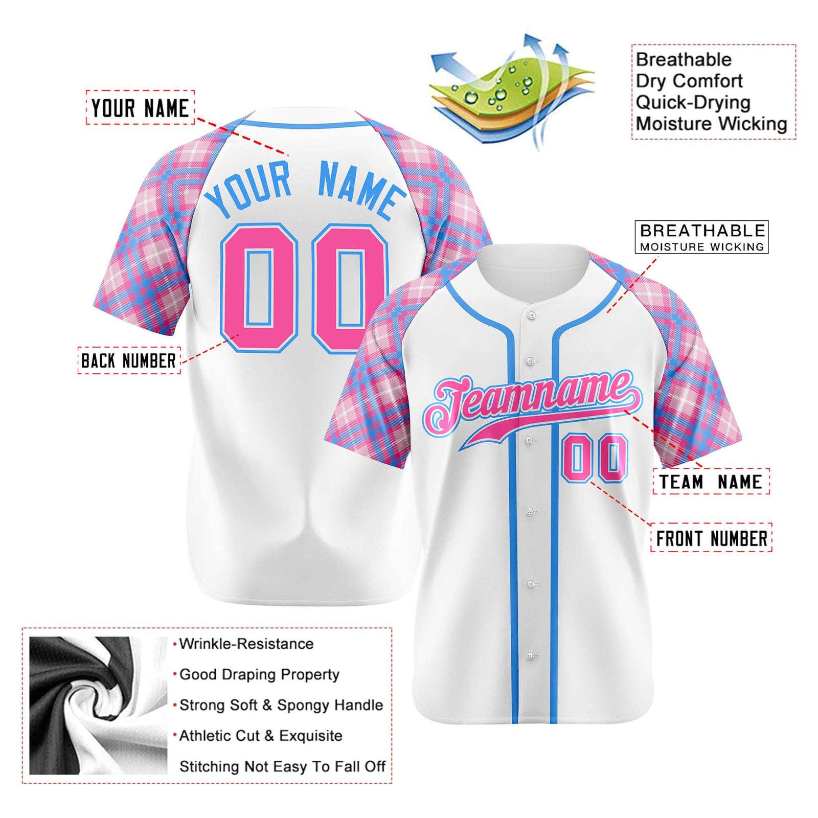 Custom White Pink-Blue Authentic Plaid sleeve Baseball Jersey