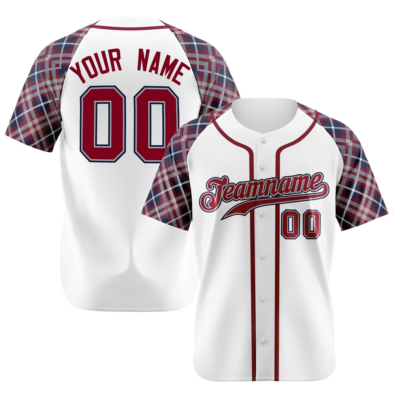 Custom White Crimson-Navy Authentic Plaid sleeve Baseball Jersey