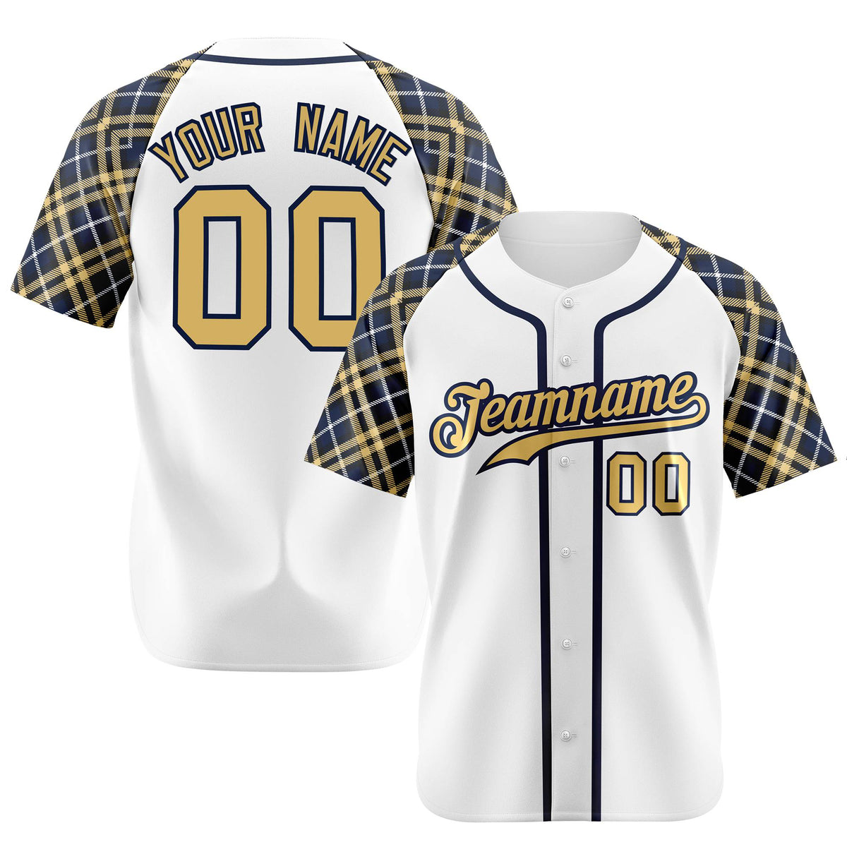 Custom White Yellow-Navy Authentic Plaid sleeve Baseball Jersey