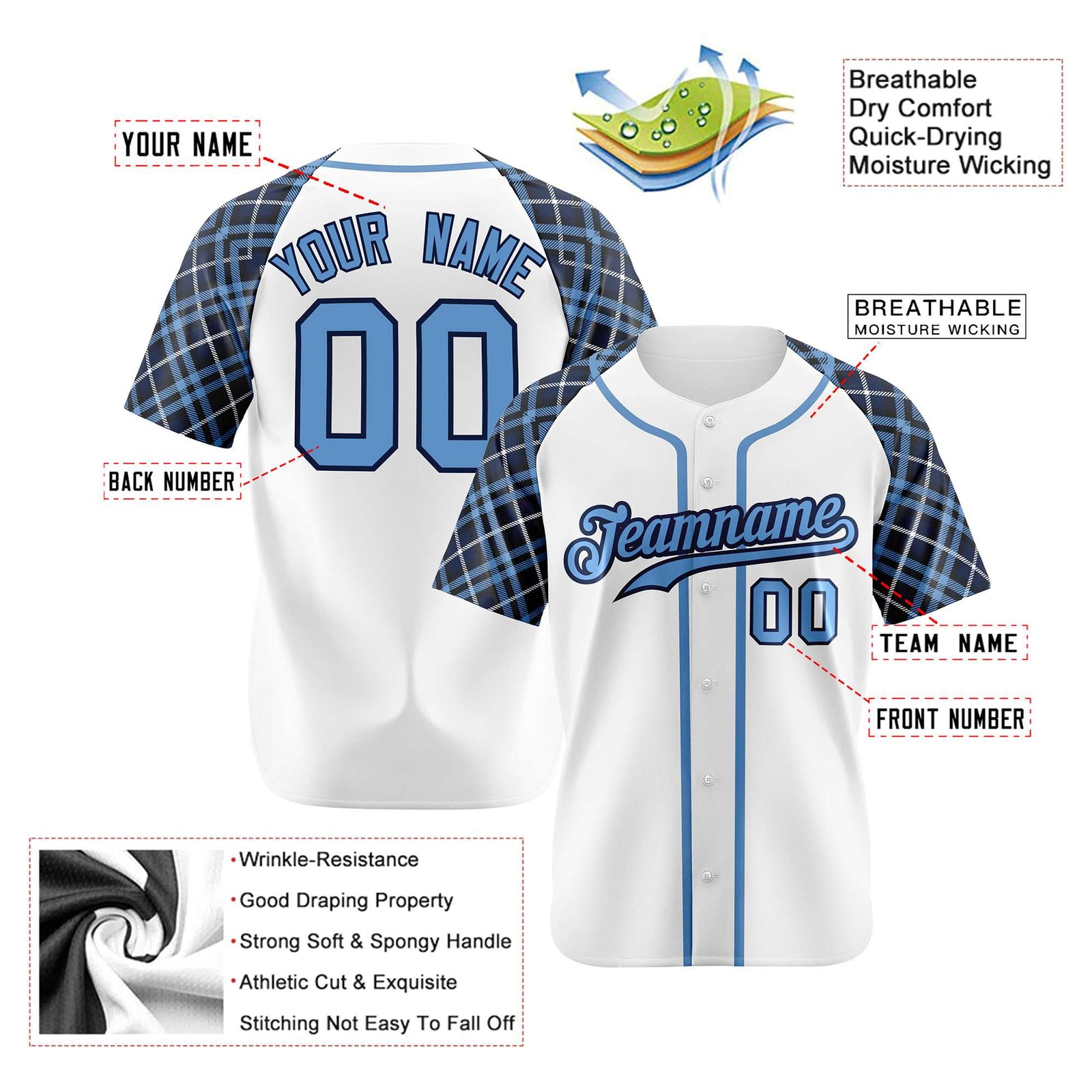 Custom White Blue-Navy Authentic Plaid sleeve Baseball Jersey