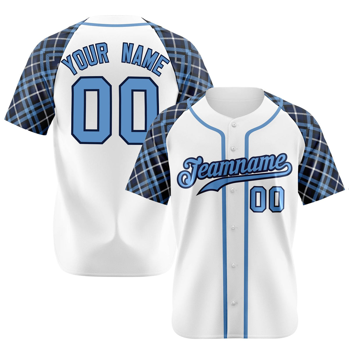 Custom White Blue-Navy Authentic Plaid sleeve Baseball Jersey