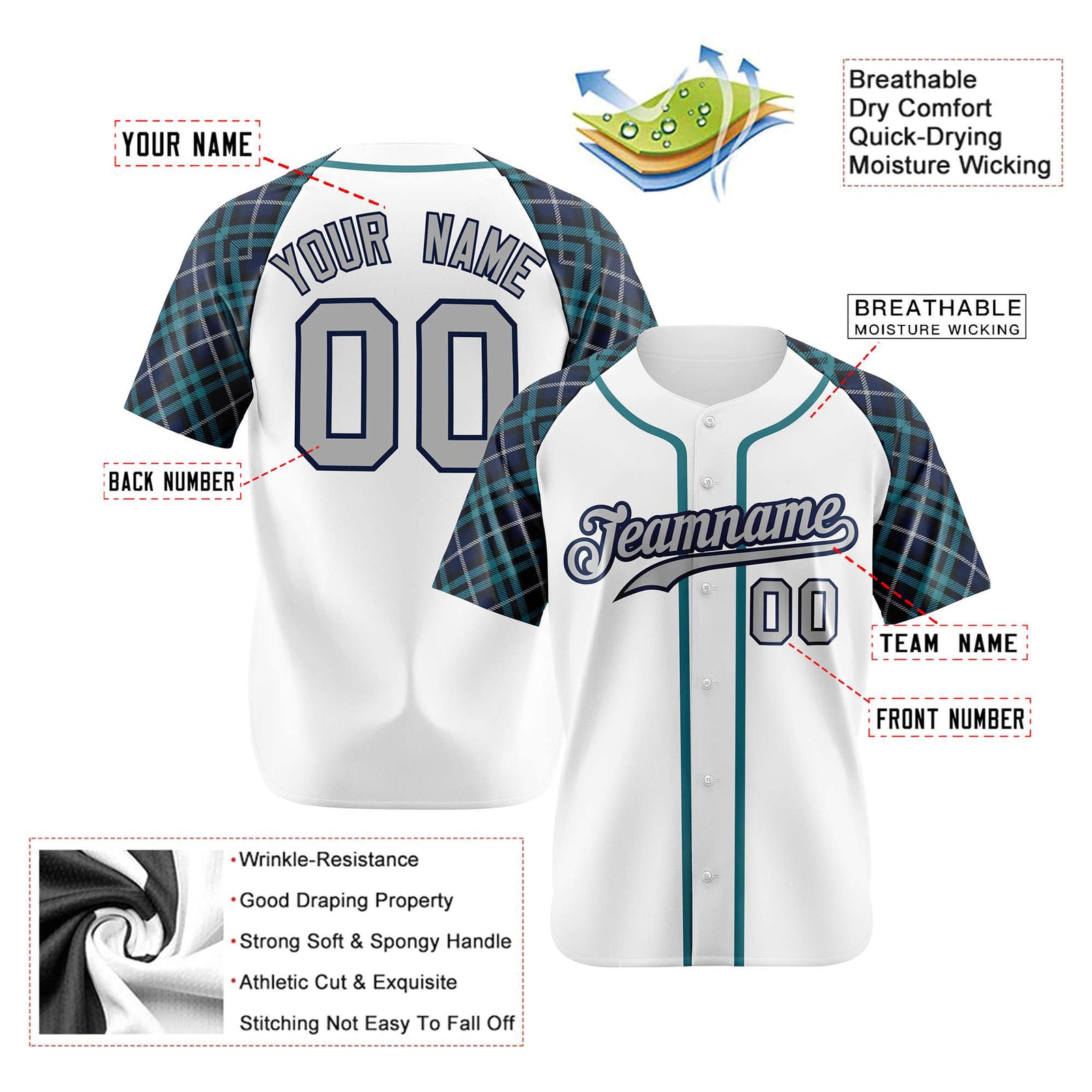 Custom White Greem-Gray Authentic Plaid sleeve Baseball Jersey