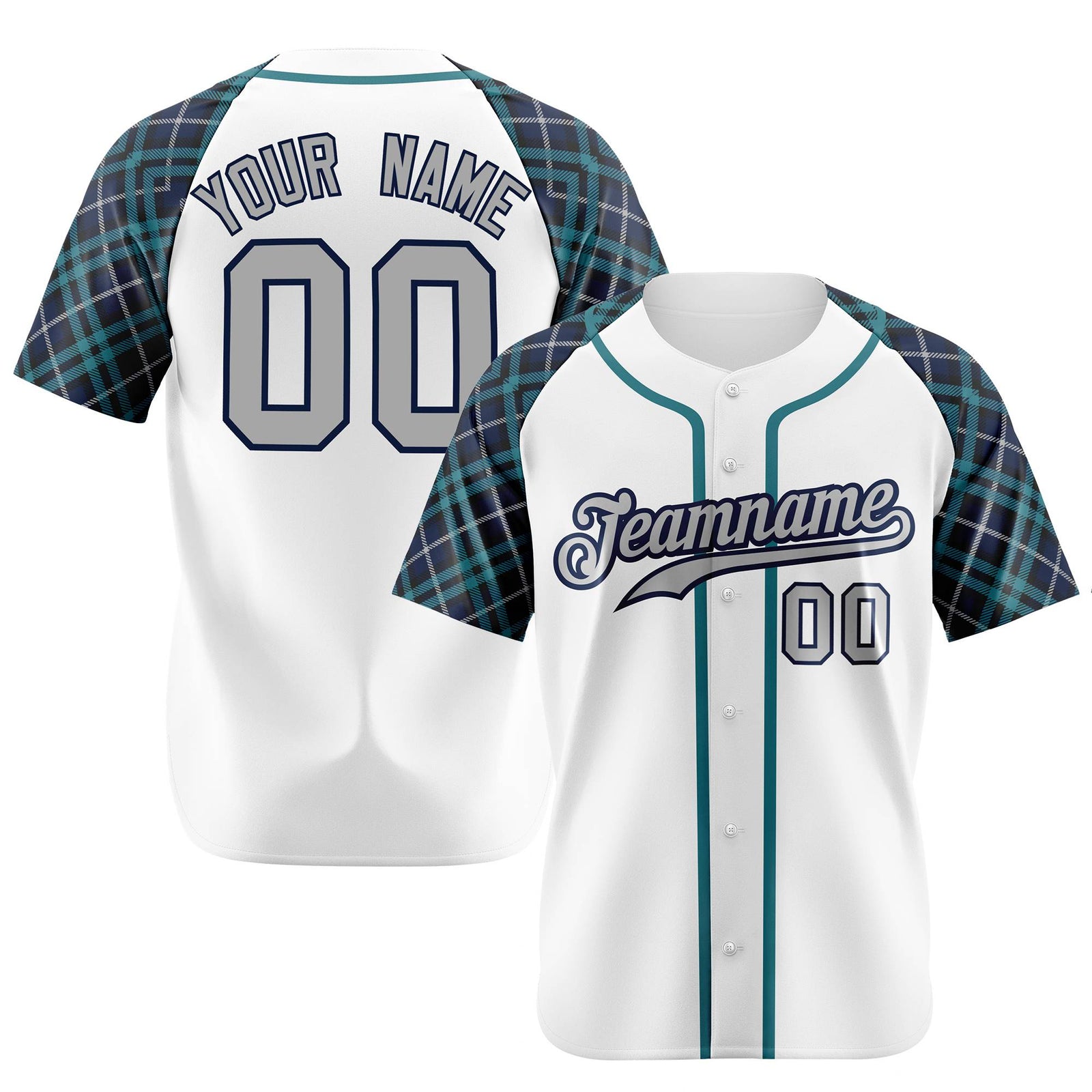 Custom White Greem-Gray Authentic Plaid sleeve Baseball Jersey
