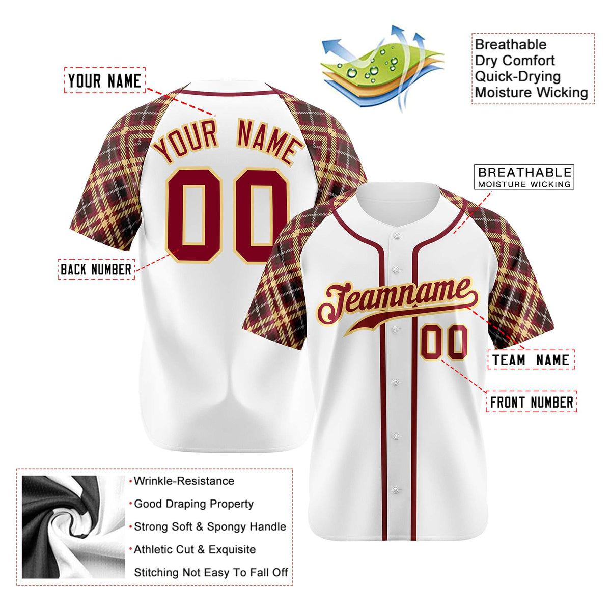 Custom White Crimson-Gold Authentic Plaid sleeve Baseball Jersey