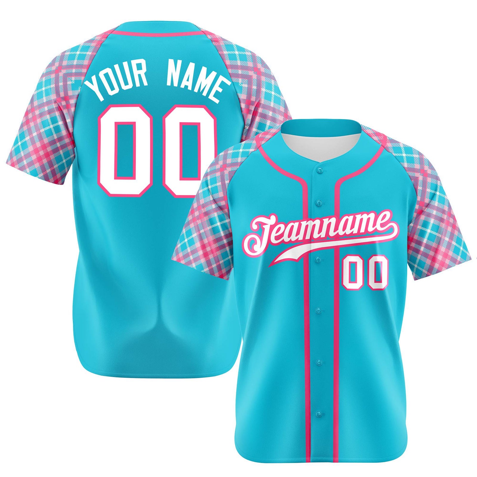 Custom Light Blue Pink-White Authentic Plaid sleeve Baseball Jersey