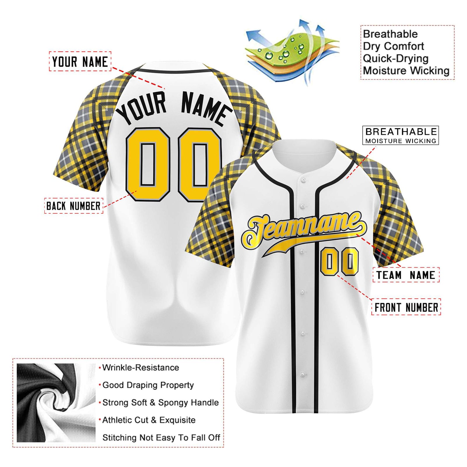 Custom White Yellow-Black Authentic Plaid sleeve Baseball Jersey