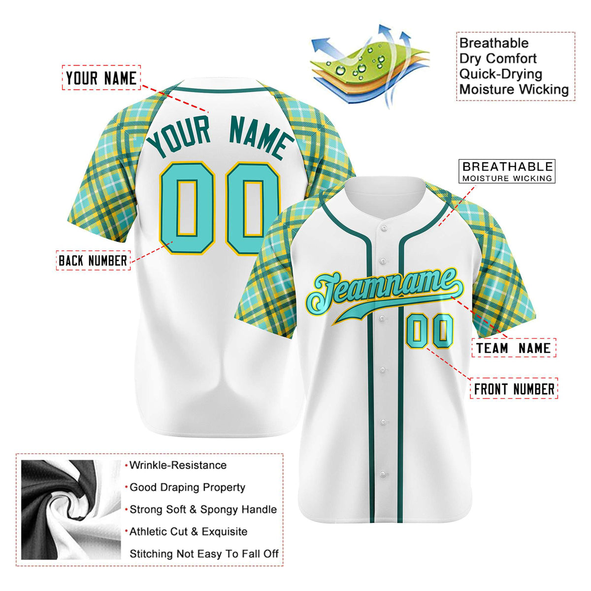 Custom White Light-Blue Yellow Authentic Plaid sleeve Baseball Jersey