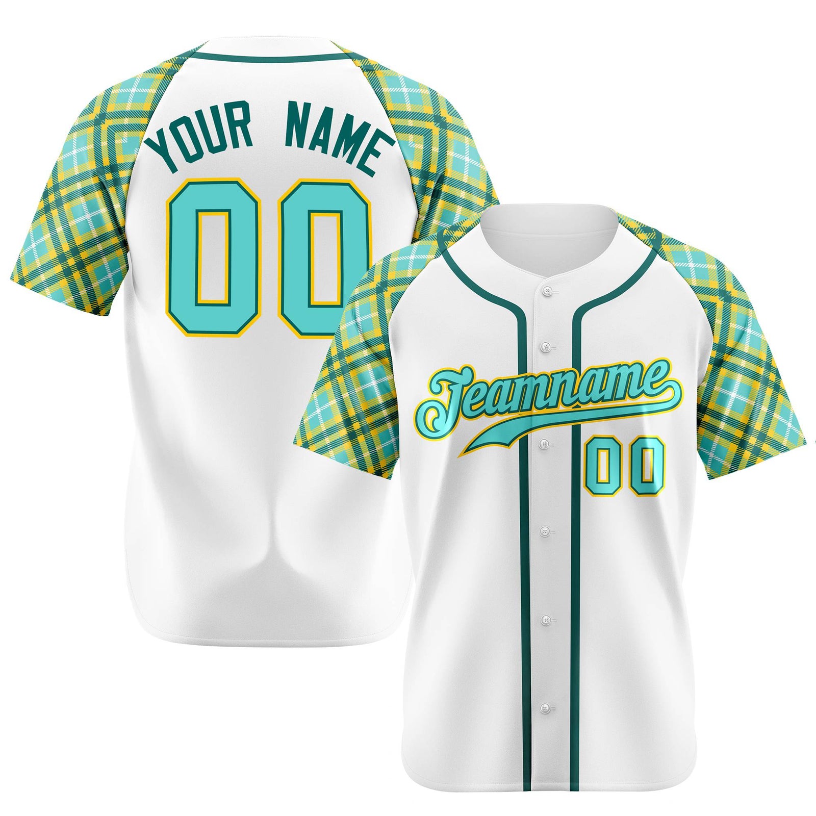 Custom White Light-Blue Yellow Authentic Plaid sleeve Baseball Jersey