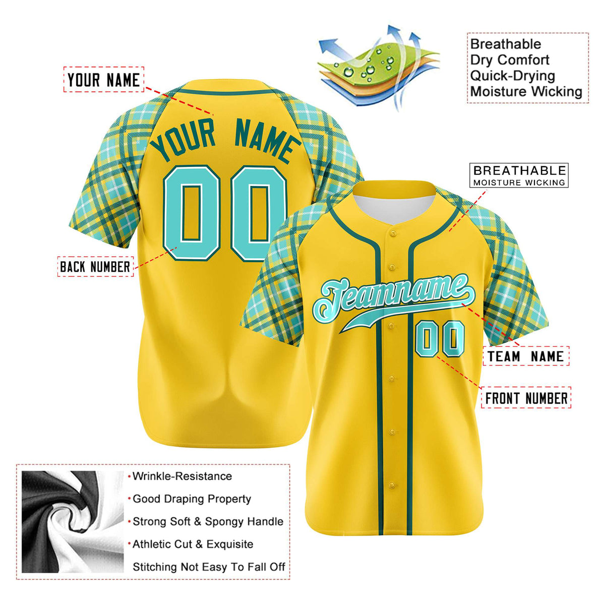 Custom Yellow Light-Blue Aqua Authentic Plaid sleeve Baseball Jersey