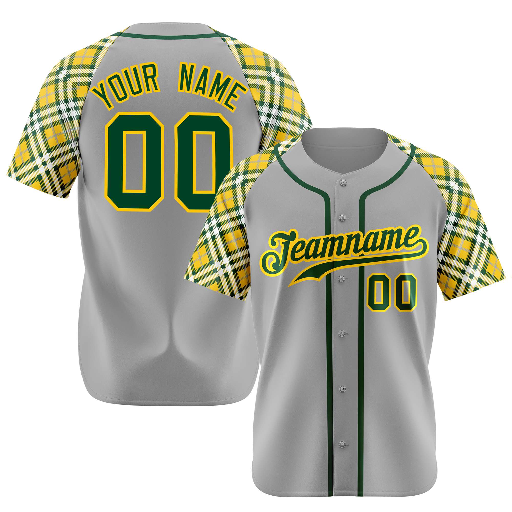 Custom Gray Yellow Kelly-Green Authentic Plaid sleeve Baseball Jersey