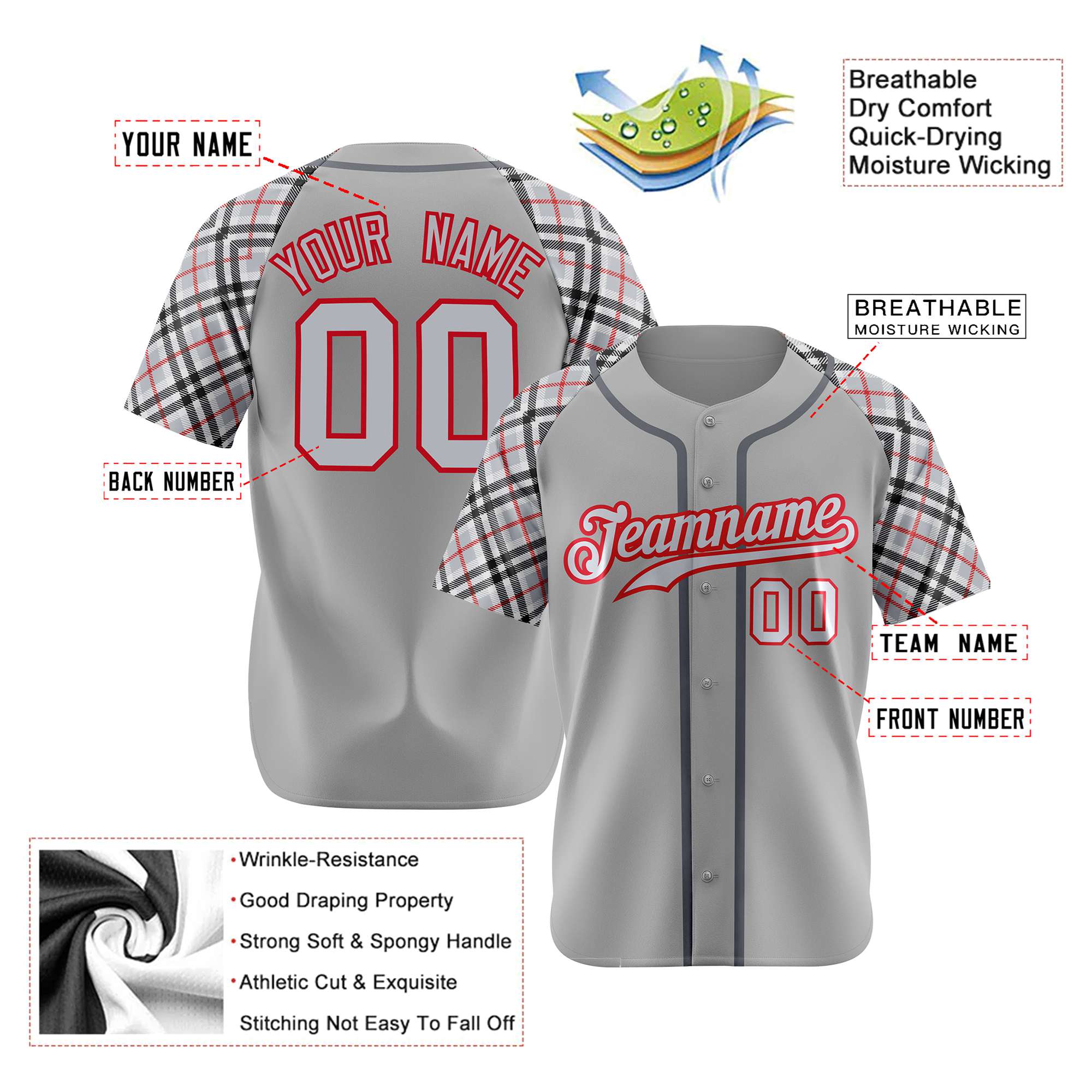 Custom Gray Red-Black Authentic Plaid sleeve Baseball Jersey