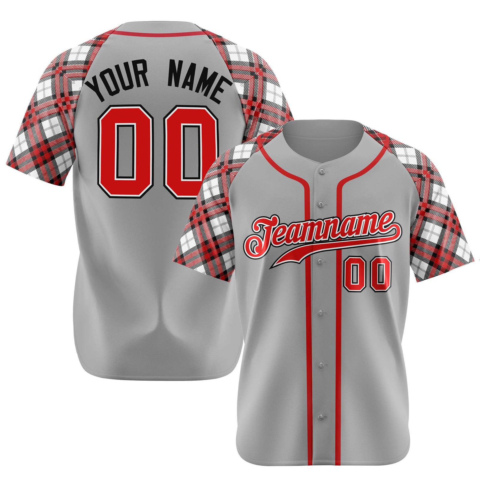Custom Gray Red-Black Authentic Plaid sleeve Baseball Jersey